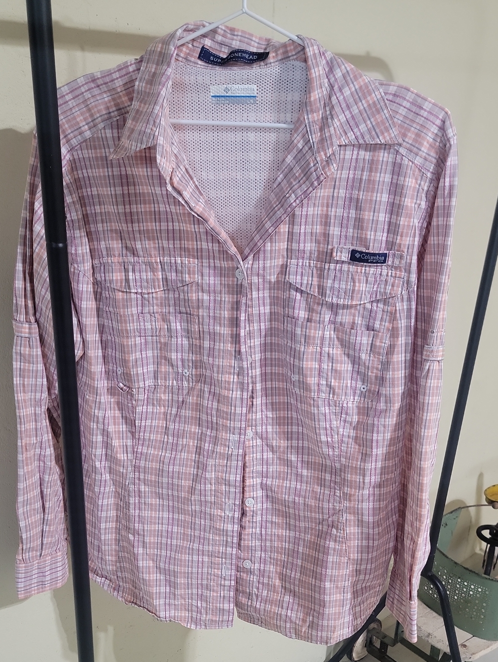 Columbia Men’s Pink and White Plaid Button-Down Shirt Superbonehead Pfg